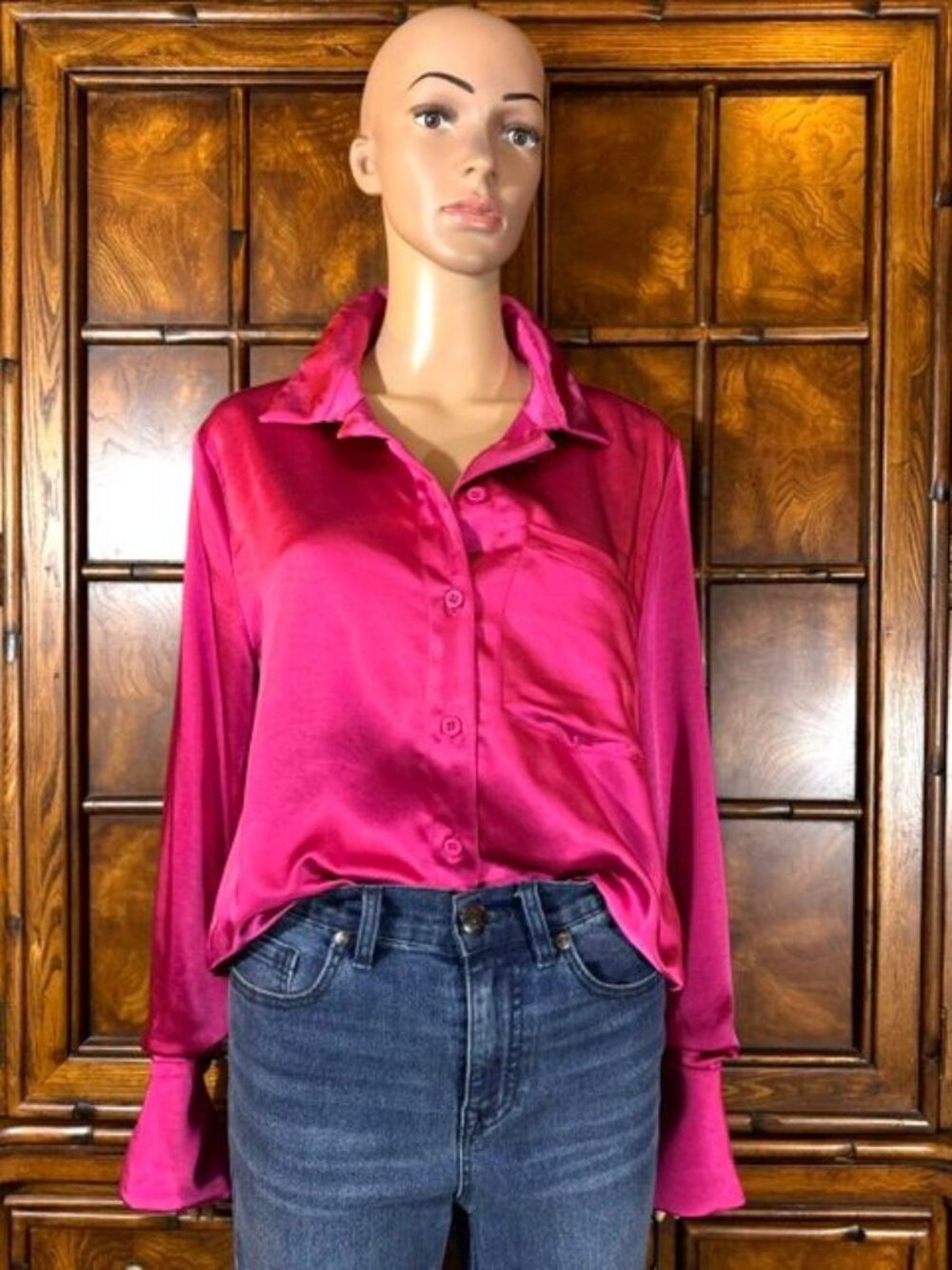 Forever 21 Magenta Pink Premium Satin Extended Cuff Button Down Shirt Jacket